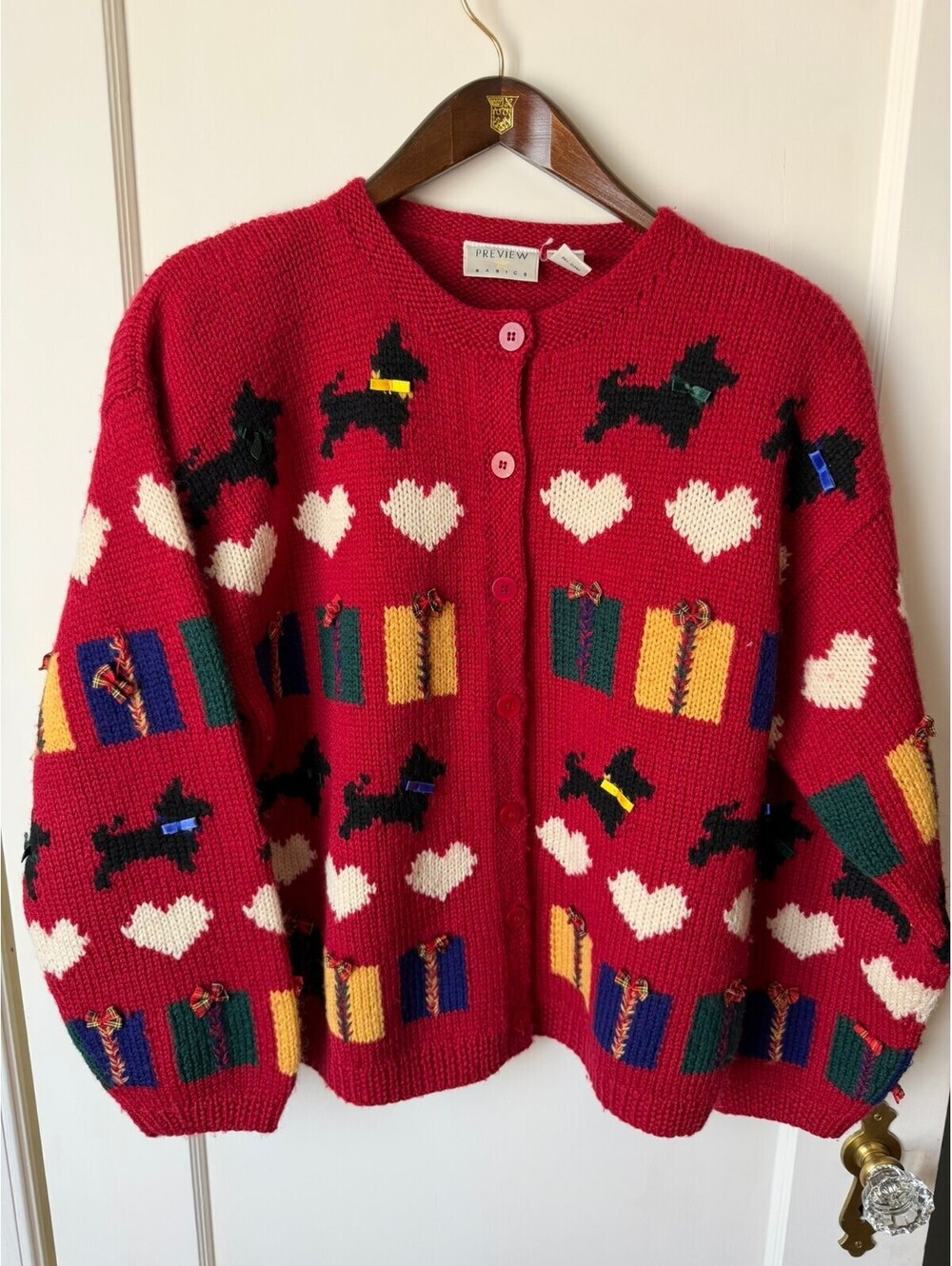 Vintage 90s Scottie Dog Christmas Cardigan Sweater Wool L